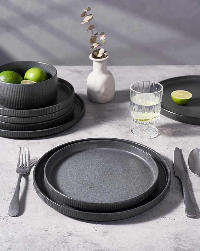 famiware Star Salad Plates for 6, 8 inches Plate Set, Stoneware Dinnerware, Small Dinner Plates for Dessert, Salad, Appetizer, Matte Dark Charcoal (Full Glaze)