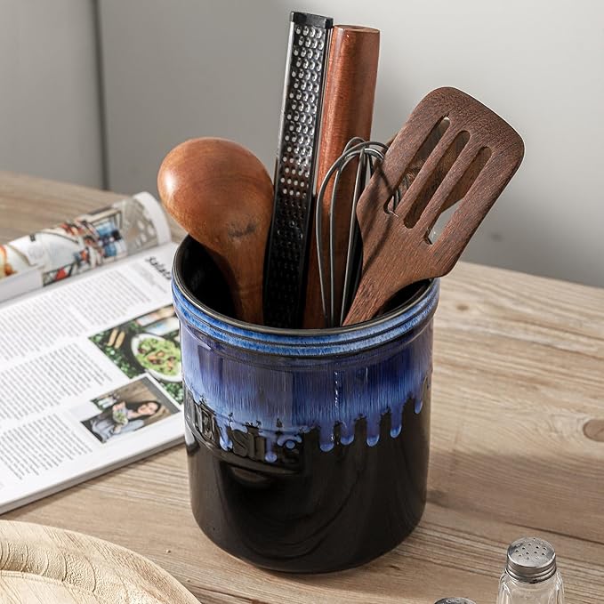 KOOV Cooking Utensil Holder, Large Ceramic Utensil Crock, Deep and Stable, Utensil Caddy for Countertop, Reactive Glaze (Nebula Blue)