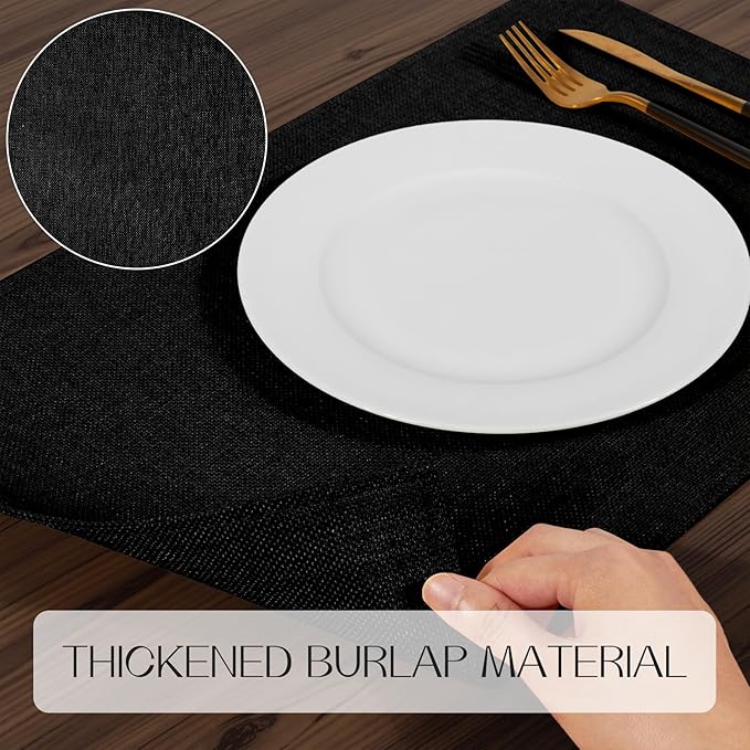Romanstile Cloth Placemats Set of 4-12 x 18 Inch, Heat Resistant Double Layered Thickened Burlap Place Mats, Washable Faux Linen Farmhouse Table Mats for Kitchen/Dining/Party/Outdoor, Black