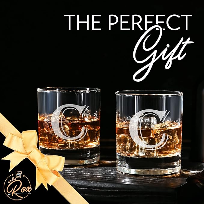 On The Rox Drinks (C-Monogram) - 4 Piece Set of 11 Ounce Engraved Heavy Base Rocks Glasses Elegant Glass-Multi-Purpose Beverage-Rocks Glass- Gift for any Occasion