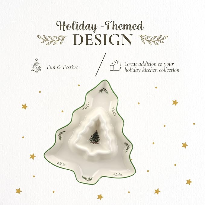 Spode Christmas Tree Chip and Dip Tree-Shaped Dish - 13-Inch Porcelain Holiday Serveware for Appetizers, Chips - Festive Ceramic Tableware - Dishwasher, Microwave, Freezer Safe