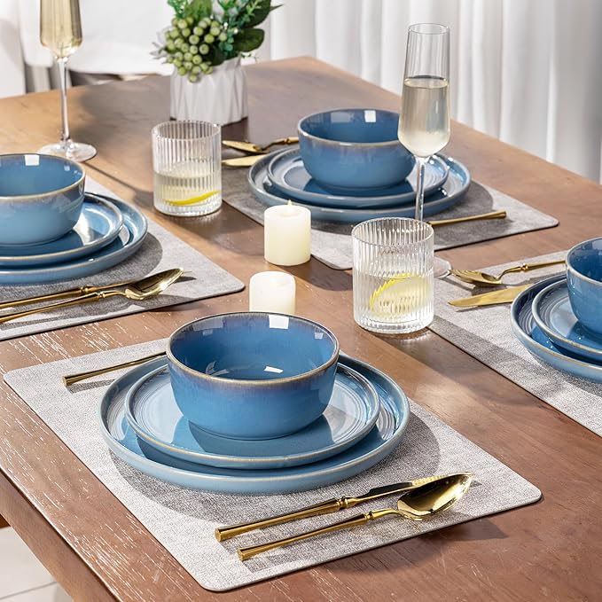GBHOME Ceramic Dinnerware Sets for 4, 12 Pieces Stoneware Plates and Bowls Sets, Reactive Glaze Dishes -Scratch Resistant, Dishwasher&Microwave Safe-Alaskan Blue