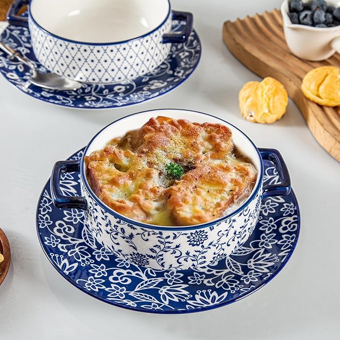 Soup Bowls with Handles - 24oz Ceramic French Onion Soup Crocks Serving Bowls for Pasta Cereal Beef Stew Pot Pies Casserole - Oven Microwave Dishwasher Safe - Set of 4, Blue