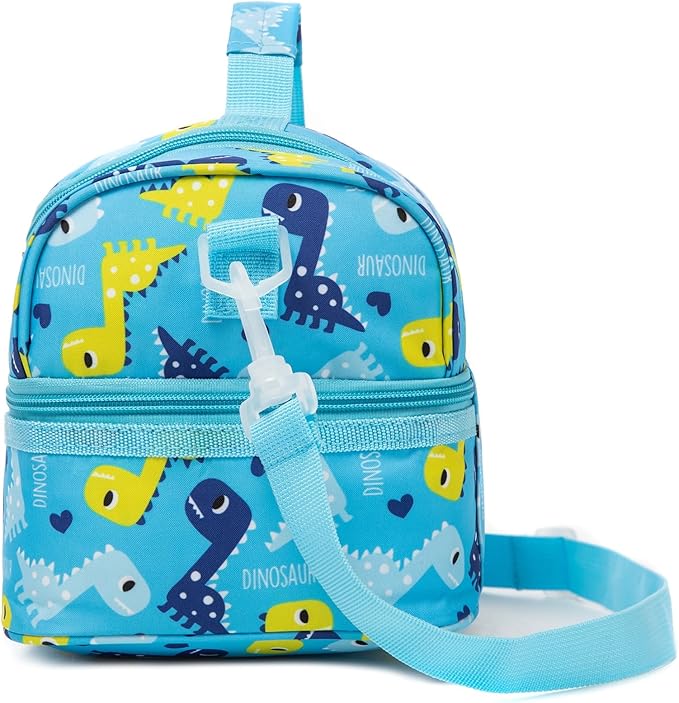 Insulated Kids Dual Compartment Lunch Bags Tote for Girls Boys Toddler Lunch Boxes Pre-School Toddler Kindergarten Picnic Camp Food Cooler Thermal with Strap (Blue Dinos)