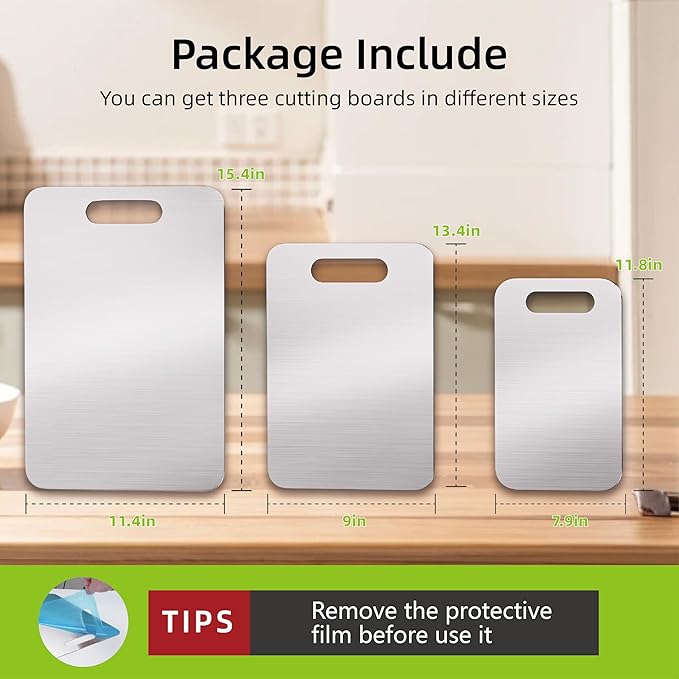 Stainless Steel Cutting Boards for Kitchen, 304 Steel Chopping Boards for Meat, Fruits & Break, Non-Slip, Dishwasher Safe, Pack of 3 (15.3"x11", 13.4"x9", 11.8"x8")