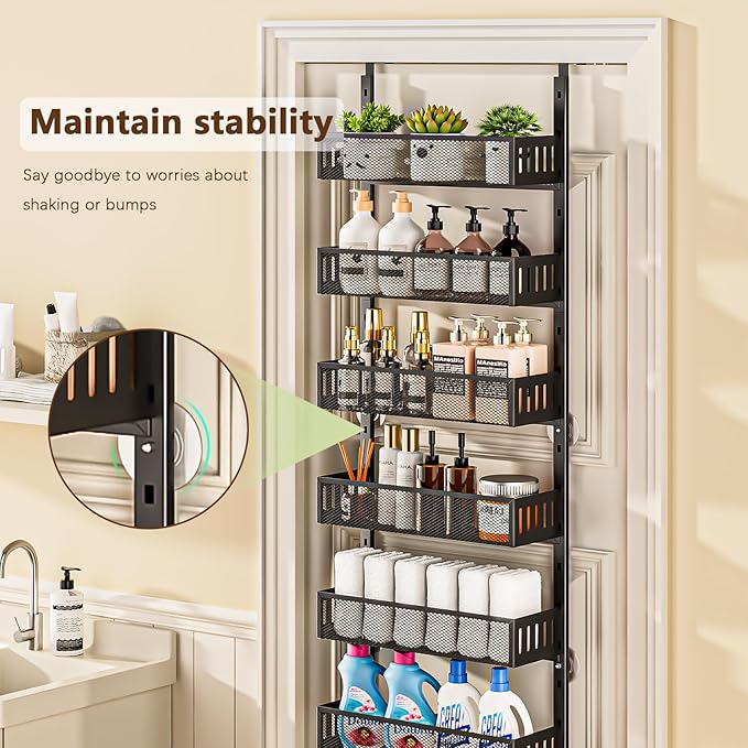 6-Tier Over The Door Pantry Organizer with Mesh Baskets, Adjustable & Stable Hanging Spice Rack for Kitchen, Bathroom, Bedroom, and Baby Essentials Storage (16" W 6-Tiers, Black)