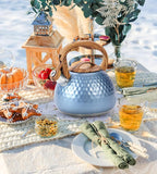 Stainless Steel Tea Kettle Blue, Teapot 3.2 Quart Whistling Tea Kettle, Tea Pots for Stove Top with Wood Pattern Handle, Gas Electric Applicable