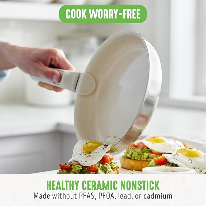 GreenLife Stainless Steel Nonstick 10 Piece Cookware Set, Detachable Handle, Induction Ready, Stackable Kitchen Set, Tri Ply Ceramic PFAS Free Pots & Pans, Space Saving, Oven Safe, Glass Lid, Silver