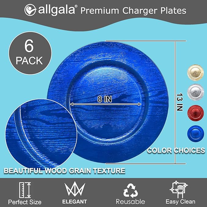 allgala 13-Inch 6-Pack Heavy Quality Round Charger Plates-Grain Blue-HD80307