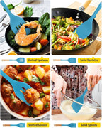 Pack of 4 Silicone Kitchen Utensils Set, Non Stick Solid Spatulas and Heat Resistant Slotted Spoons with Wooden Handle, Ideal BPA Free Cooking Utensils for Mixing,Serving,Turning,Stirring(BLUE)