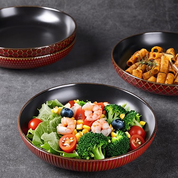 GBHOME 9.5'' Large Pasta Bowls, 42 Ounce Stoneware Salad Bowls for Kitchen, Ceramic Serving Bowls With Textured Pattern for Pasta,Fruit, Stews,Noodle, House-warming Gift, Set of 4-Rythmic Red