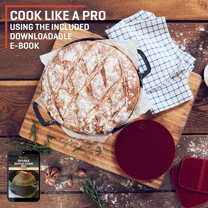 Uno Casa 2-in-1 Cast Iron Dutch Oven Large - 5 Quart Dutch Oven Pot with Lid, Pre-Seasoned Cooking Dish for Bread Baking and Stews - Heavy Duty Cast Iron Pot with Detachable Frying Pan Lid for Versatile Cooking