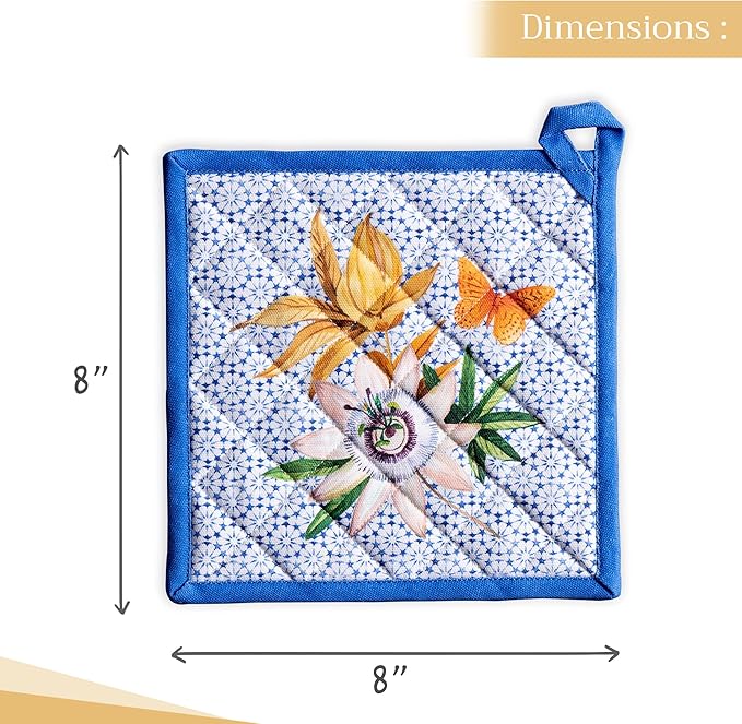 Maison d' Hermine Pot Holders Set 100% Cotton Heat Resistant Potholders 8" x 8" Hot Pads with Loop BBQ, Cooking, Baking, Grilling, Kitchen, Handling Hot Pans Spring/Summer (Pack of 2, Passiflora)