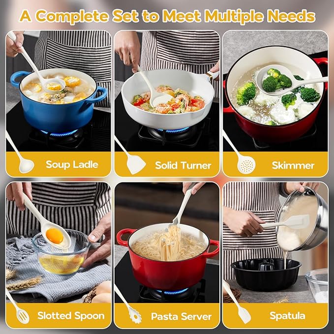 Silicone Cooking Utensils Set, Onader 6 Pieces Kitchen Utensils for Cooking, White Kitchen Utensils Gadget Set of Nonstick Cookware