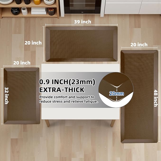 2 PCS Anti Fatigue Kitchen Mats for Floor, Brown 9/10 Extra Thick Cushioned Standing Desk Mat, Comfort Memory Foam Ergonomic Rugs and Mats Non-Slip Waterproof for Office, Kitchen, 20"x32"+20"x48"