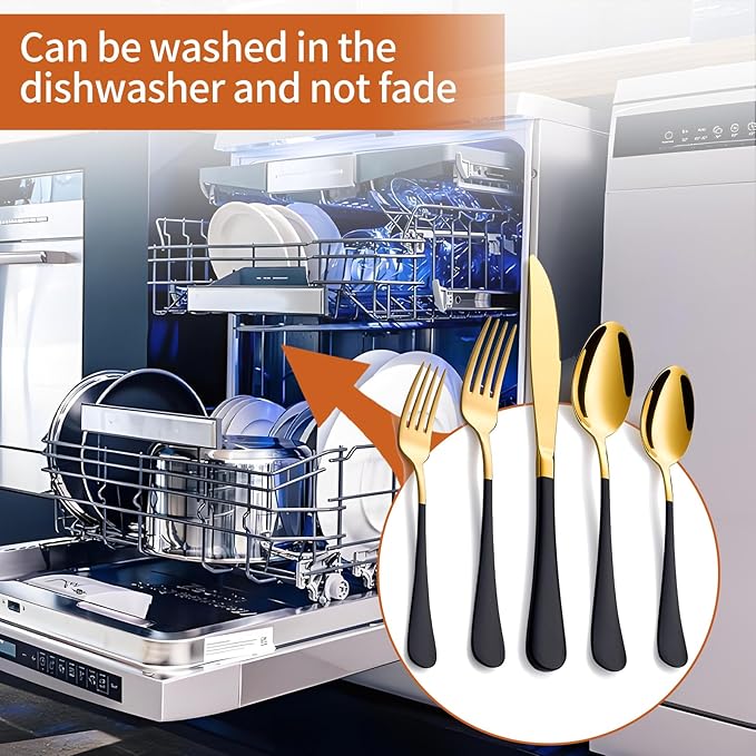 20 Piece Gold and Black 18/0 Flatware Utensil Set for 4, Include Dinner Knife,Dinner Forks,Dinner Spoons,Salad Forks,Teaspoons,Silverware Set for 4, Dishwasher Safe
