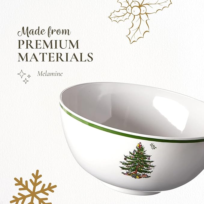 Spode Christmas Tree Melamine Deep Bowl - Large 11-Inch Round Serving Bowl for Salad, Pasta, Side Dishes - Festive Holiday Tableware - Shatterproof, Indoor/Outdoor Use, Dishwasher Safe