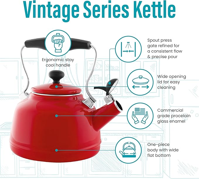 Chantal Tea Kettle, 1.7 QT, Vintage Series, Premium Enamel on Carbon Steel, Whistling, Even Heating & Quick Boil (Chili Red)