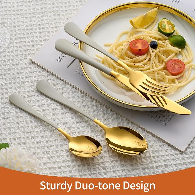 20 Piece Gold and Grey 18/0 Flatware Utensil Set for 4, Include Dinner Knife,Dinner Forks,Dinner Spoons,Salad Forks,Teaspoons,Silverware Set for 4, Dishwasher Safe
