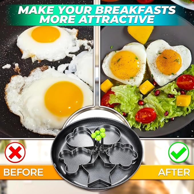 5-Piece Stainless Steel Pancake & Egg Molds — Fun Shapes for Griddle or Frying Pan, Ideal for Omelettes, Fried Eggs, and Creative Breakfasts — Easy to Use and Dishwasher Safe