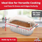 Chef-Grade Thick 6x3.75in Tin Loaf Pans w/Lids 50 Pk. Best Disposable Bakeable 1Lb Aluminum Foil Pan for Baking Bread Small Meatloaf or Lemon Bundt Cake for Holiday Gifts Bake Sales or Fundraisers.