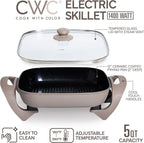 COOK WITH COLOR Electric Skillet - 12" x 12" Ceramic Nonstick Pan, PFAS-Free, 1400W, Tempered Glass Lid, Variable Temperature, Removable Heating Probe, Cool-Touch Handles, Greige