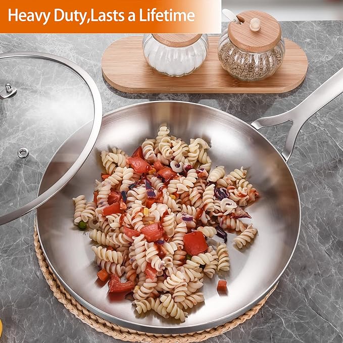 DELARLO Tri-ply Stainless Steel Frying Pan Set with Lid 10" 12" large Skillets Induction Chef's Pan,Pots and Pans Set Kitchen Cookware Set Dishwasher and Oven Safe