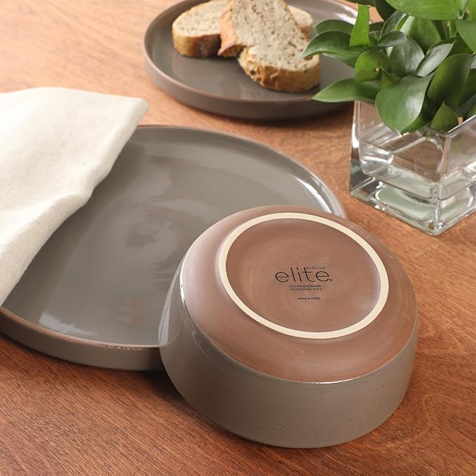 Gibson Elite Northrock Stoneware Dinnerware Set, 16-Piece Service for 4 Plates and Bowls Set – Gray Dishes with Hand-Painted Terracotta Base