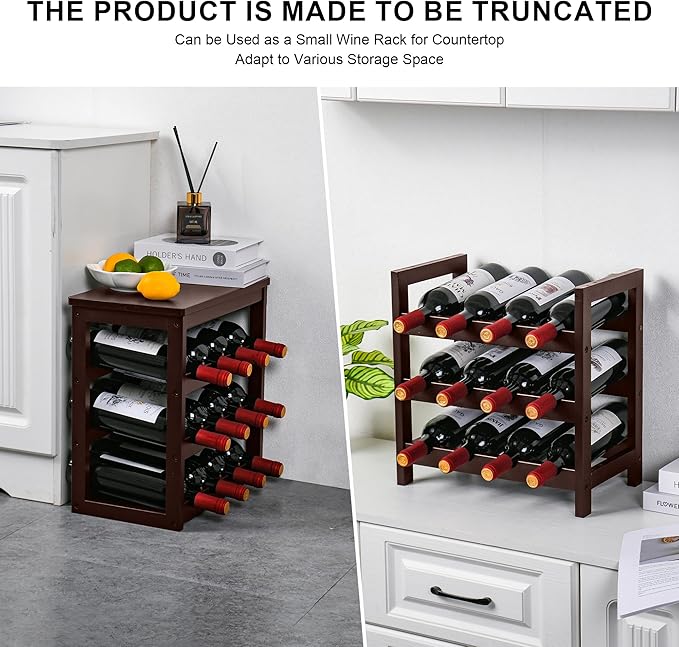 VASMIA Wine Rack Free Standing Floor, 6-Tier Display Wine Storage Shelves with Table Top, 24-Bottle Bamboo Wine Rack Shelf for Kitchen Bar Dining Room Living Room, Brown
