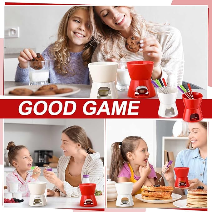 Mudder 8 Pcs Mini Fondue Pot Set with 32 Color Coded Forks Porcelain Tea Light Melting Mugs for Chocolate Cheese Dessert Small Fondue Pot Set for Christmas Valentine's Tapas Gifting(Red)