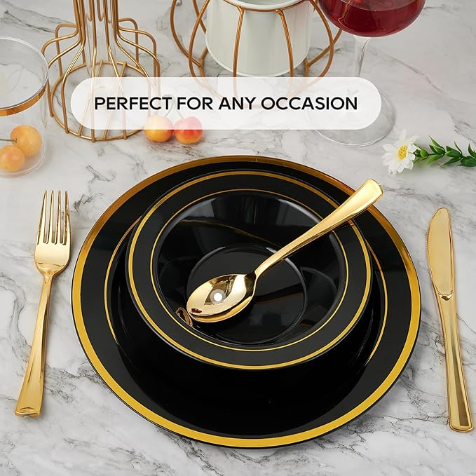 JOLLY PARTY 50PCS Black Plastic Bowls with Gold Rim-12oz, Christmas Thanksgiving Premium Disposable Soup Dessert Salad Bowls for Wedding/Party/Halloween
