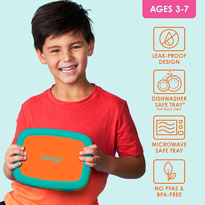 Bentgo Kids Bento-Style 5-Compartment Leak-Proof Lunch Box - Ideal Portion Sizes for Ages 3 to 7 - Durable, Drop-Proof, Dishwasher Safe, PFAS & BPA-Free & Made with Food-Safe Materials (Orange)