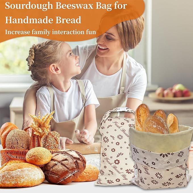 KONGDY 2 Packs Reusable Beeswax Bread Bags, Cotton Homemade Sourdough Bread Bags, Perfect Bag for Home-Baked, 12x17 inch