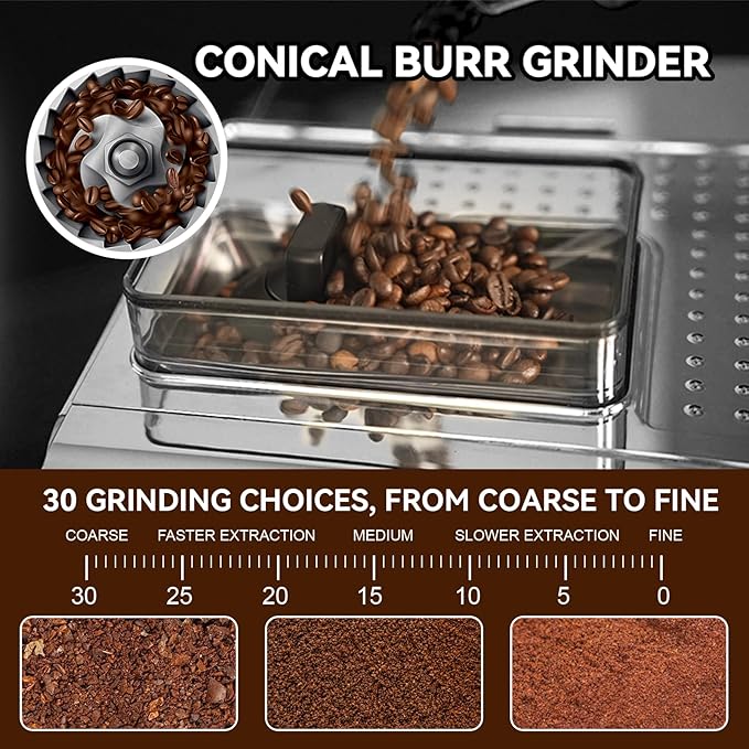 TEM650 Espresso Machine,Coffee Maker 20 Bar High Press Extraction- with 15 Grind Setting & Dual Heating System, 2.7L Detachable Wanter Tank, Separate Hot Water Spout- Cup Warmer Function