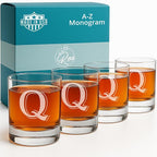 Monogrammed Gifts for Men - 4PC 11 Oz Custom Whiskey Glasses (Q-Monogram) - Engraved Whiskey Glasses - Personalized Whiskey Glasses - Unique Bourbon Glasses - Personalized Glass Gifts for Dad