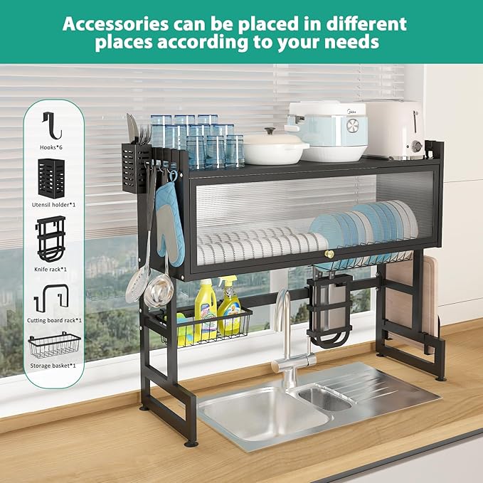 bukfen Dish Drying Rack, Over The Sink Dish Drainer Drying Rack 2 Tier Dish Rack with Cover for Kitchen (Black, Large 37.40 Length)