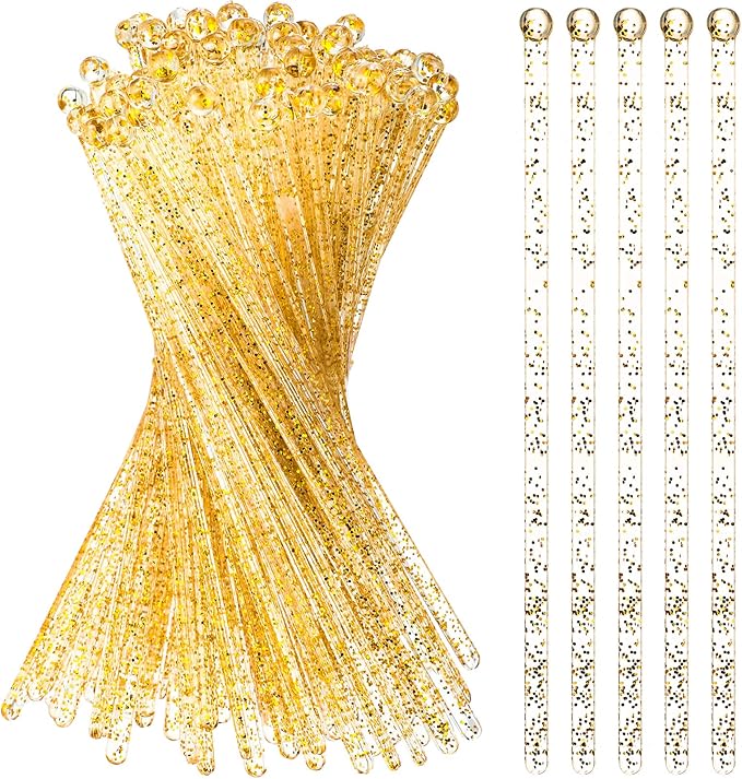 500 Pcs Gold Glitter Plastic Swizzle Sticks Crystal Cake Pops Disposable Cocktail Stir Sticks Round Ball Top Stirrers Gold Lollipop Stick for Drinks Coffee Cocktail, 7.28 Inches