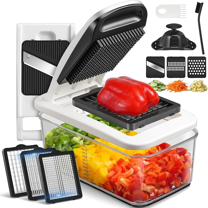 Sopito Vegetable Chopper Heavy-Duty Mandoline Slicer for Kitchen - Multifunctional Onion Potato Food Veggie Fruit Slicer and Cutter with 6 Blades & Container for Onion, Veggies, and Food Preparation