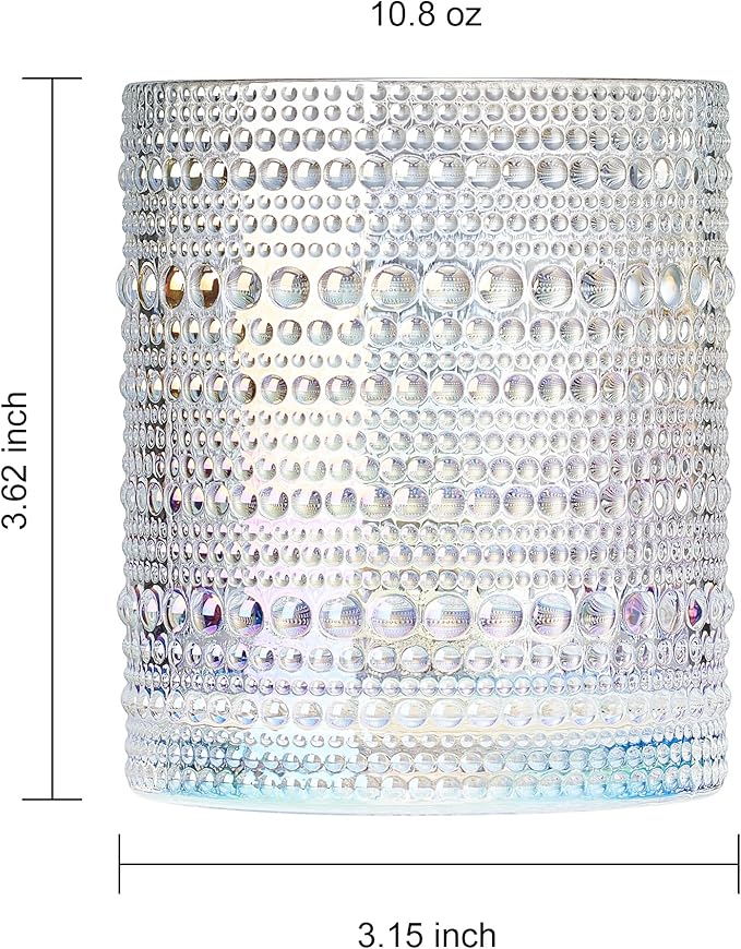 Hobnail Beaded Lowball Drinking Tumbler Glasses | Set of 6 | Clear, Vintage Bubble Design Whiskey Glassware, Old-Fashioned, Embossed Design, Water, Wine, Cocktail Embossed Heavy Glass, Rocks Glass