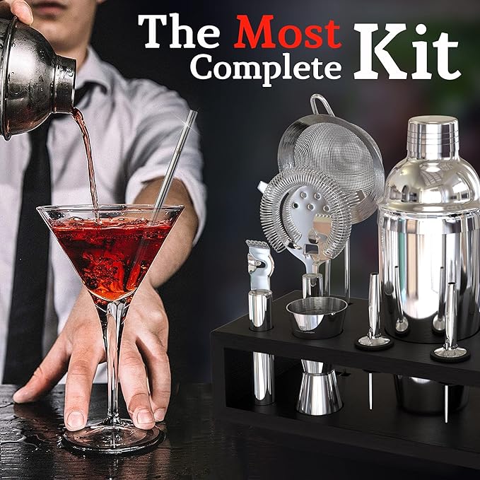 Highball & Chaser 13-Piece Cobbler Cocktail Shaker Set Stainless Steel Mixology Bartender Kit With Stand For Home Bar Cocktail Set | Laser Engraved Cocktail Tools | Plus Ebook with 30 Cocktail Recipes
