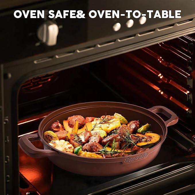 Non-Stick Frying Pan/Skillet 11", 3QT Tagine Pan,Cast Aluminum Pans with Lid, Stove/Oven-to-Table Cookware, Dishwasher Safe& Compatible with All Stovetops（Terracotta）