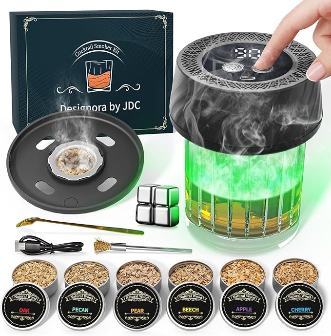 Whiskey Smoker Kit with Built-in Lighter, Electric Cocktail Smoker Kits with 6 Wood Chips Old Fashioned Bourbon Drinking Smoking Kit Gifts for Dad Husband Men Father, No Butane Needed, Black