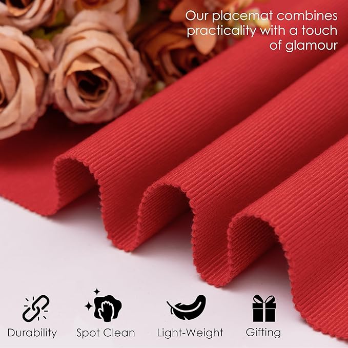 Chinese Red Placemats Set of 6, Cotton Ribbed Tabletop, Non-Slip Wrinkle Free Kitchen Table Mats for Dining Table, 13x19 Inch