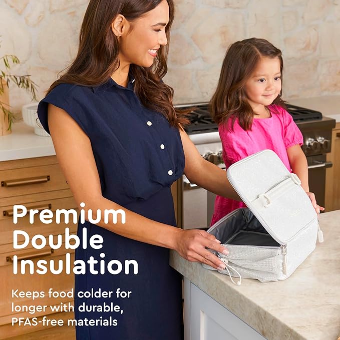 Bentgo Kids Lunch Bag - Double-Insulated, Reusable Lunch Bag for Kids 3+ with Adjustable Strap; Holds Lunch Box/Water Bottle/Snacks; Easy-Clean, Water-Resistant & Pockets (Glitter Edition - Silver)