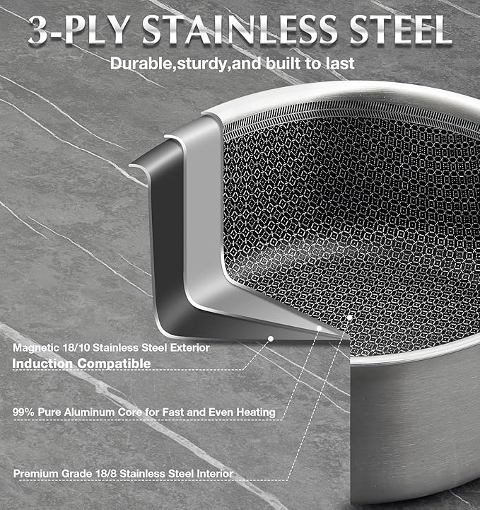 KOCH SYSTEME CS Tri-ply Stainless Steel Stock Pot, 8-Quart Nonstick Hybird 18/10 Stainless Steel Pot with Lid, Soup Pots with Nonstick Honeycomb Interior, Compatible with All Cooktops, Oven Safe