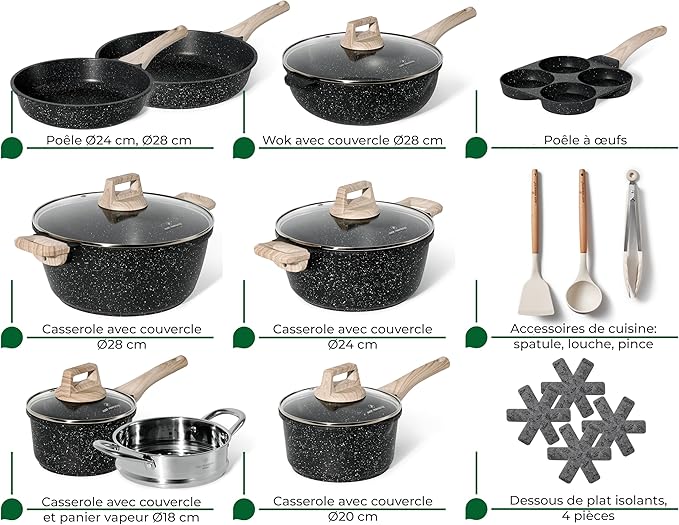 JUST PERFECTO Kitchen Pots and Pans Set with Lids Non Stick - Induction Pots Set - Pots & Pans Set without PTFE and PFOA - Cookware Pot Set Induction 21 Pcs (black)