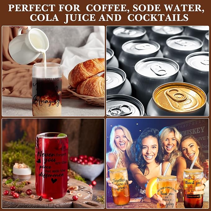 Layhit 24 Set Bulk Thank You Team Gifts Cups for Employees Staff Coworker Christmas Appreciation Gifts Thank You Glass Cups 16 oz Can Shaped Beer Glass with Lids Straws Brushes(Bright Style)