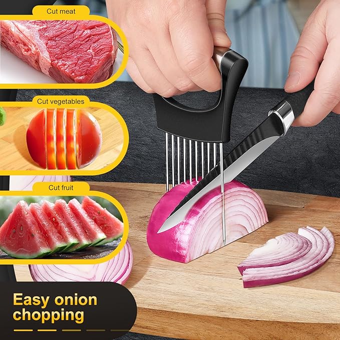 2025 Premium Onion Slicer, Stainless Steel Onion Holder for Slicing Onion, Kiwifruit, Tomatoes, Avocados, Eggs, Lemon, Meat, Third Generation Onion Cutter
