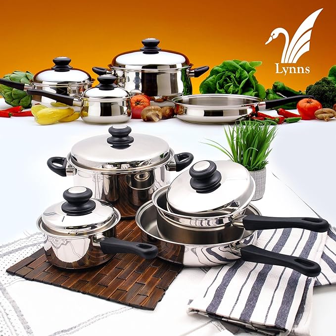 Lynns Saturn 7 Piece Cookware Set; Stainless Steel, PFTE & PFOA Free, Freezer to Oven Safe, Induction Compatible; 1QT & 2QT Saucepans, 5QT Dutch Oven, 10" Open Frypan