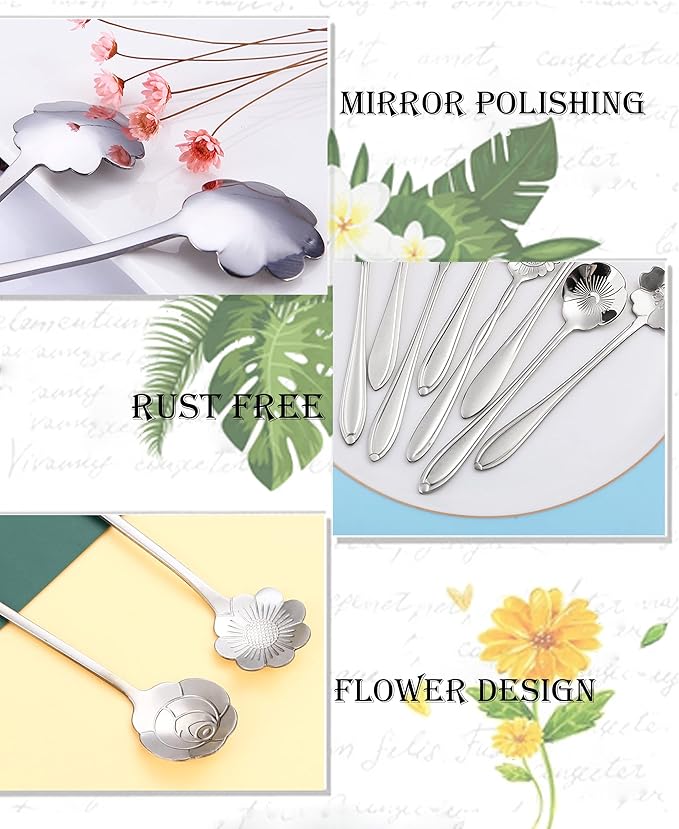 9 Pcs Flower Spoon Coffee Teaspoon Set, ESRISE Stainless Steel Tea Spoon for Tea Party Decorations (Silver)